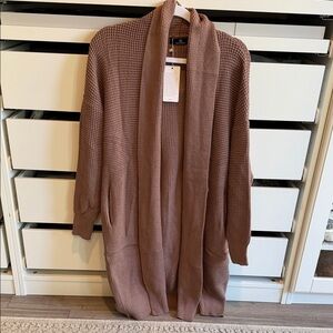 Longline Open-Front Waffle Knit Cardigan - Mauve Brown